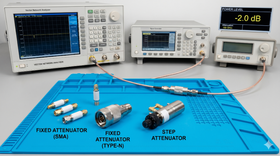 Coaxial RF attenuator components used for signal power reduction in microwave test and measurement systems