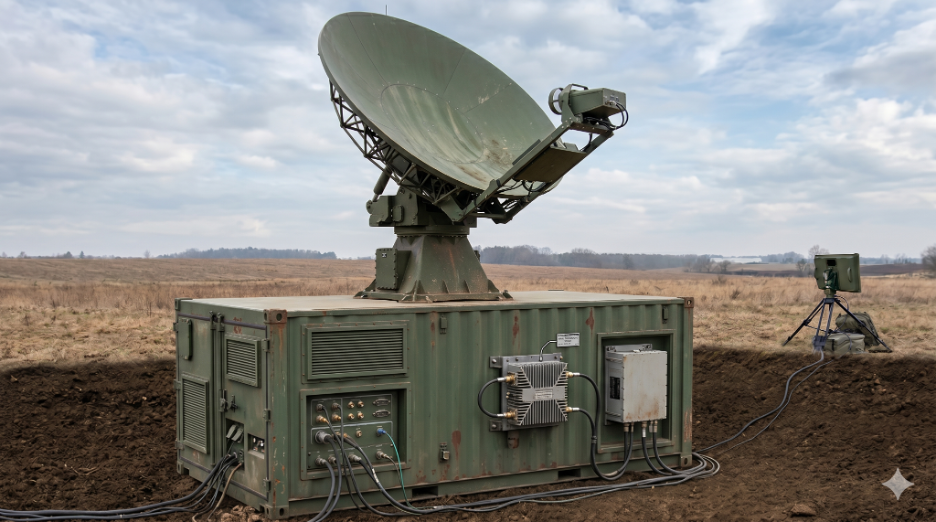 Ground-based radar antenna system where RF isolators protect power amplifiers from reflected signal energy.