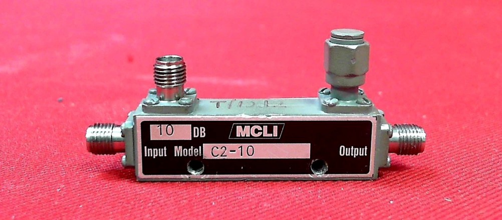 MCLI C2-10 directional coupler, 10 dB coupling with SMA connectors, input and output ports labeled