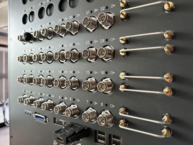 RF parts panel showing multiple coaxial connectors used in high-power medical testing equipment for certified RF systems.